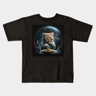 Funny and Cute Cat Eating Spaghetti at the Table Kids T-Shirt